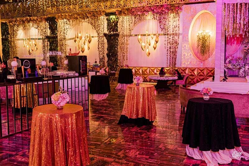 Wide view of the decorated venue seating area
