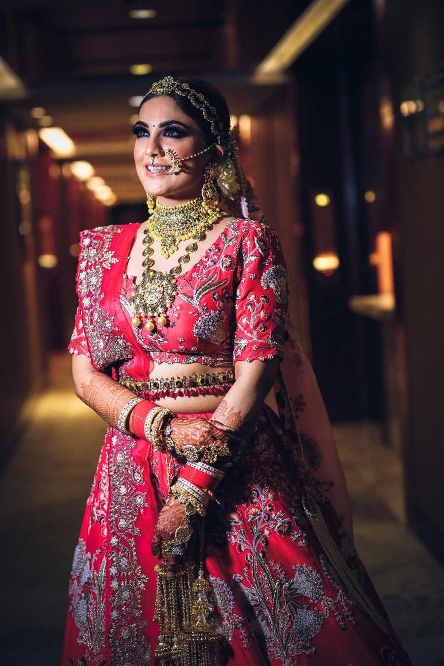 Portrait of bride Gargi in bridal attire during her wedding to Saurabh