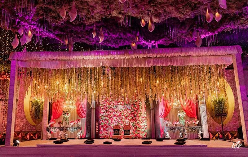 Wide view of the decorated venue with purple lighting