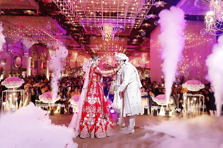 Floral-decorated ceremony setting at Saurabh and Gargi's wedding