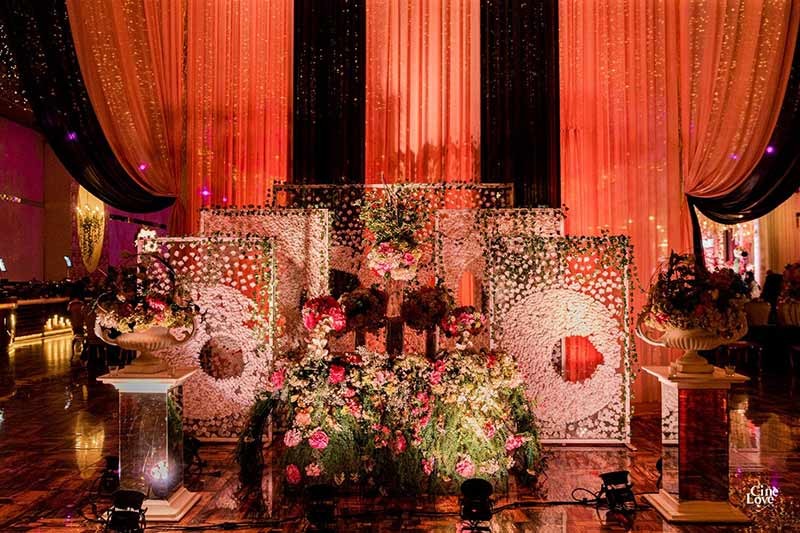 Wide view of the decorated dining area at the venue