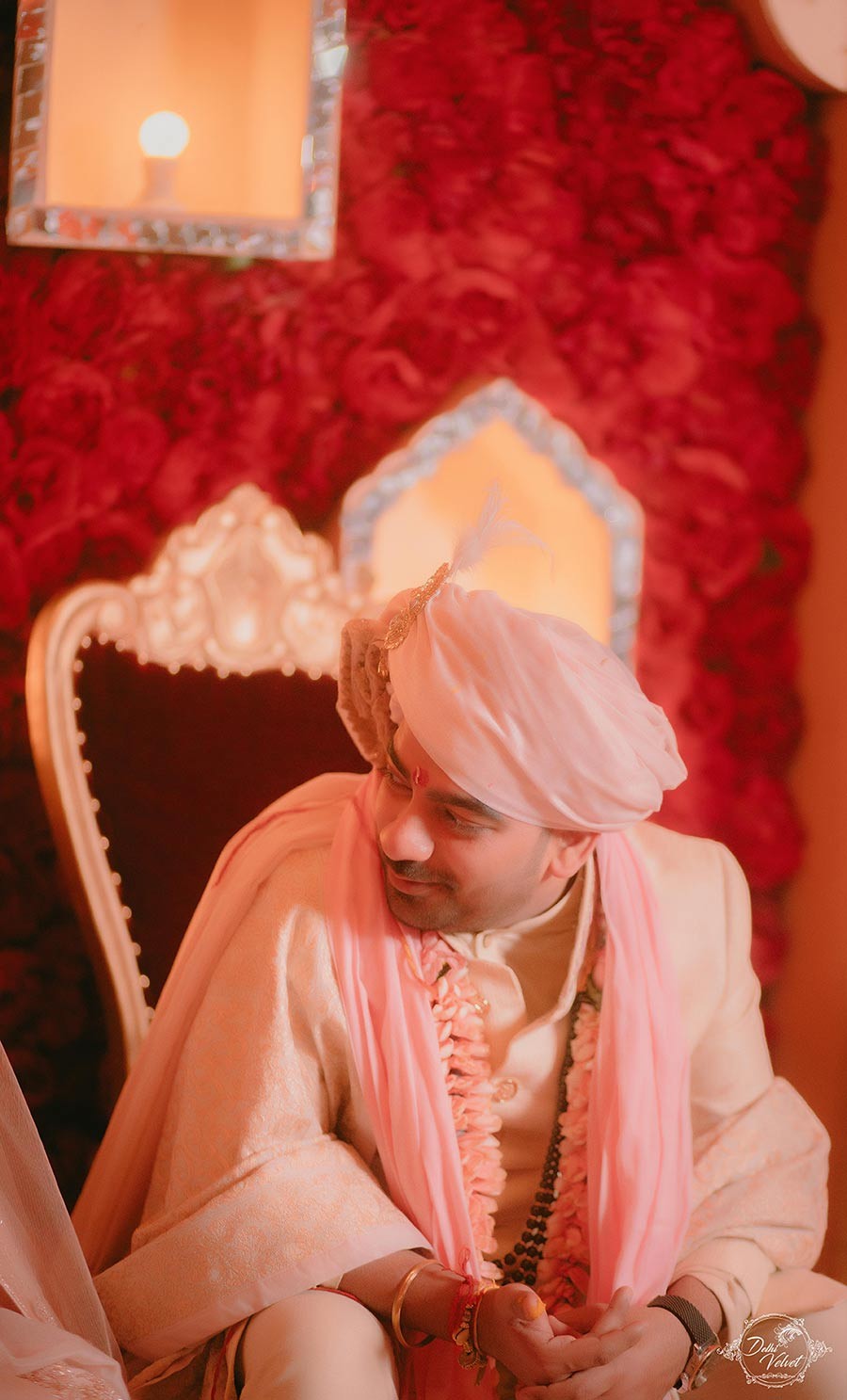 Portrait of bride Prakriti in red bridal attire during her wedding to Sahil