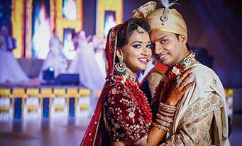 Close portrait of Arushi and Rajkumar at their wedding