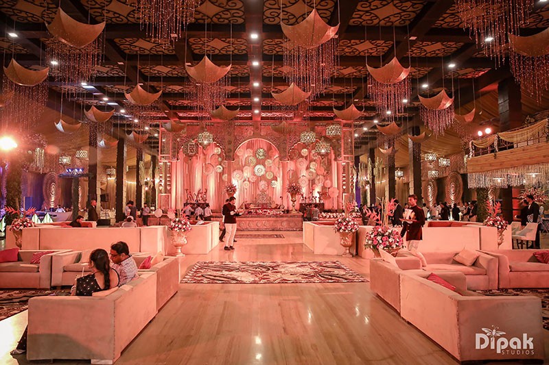 Elaborately decorated wedding stage at Deepak and Anjali's celebration