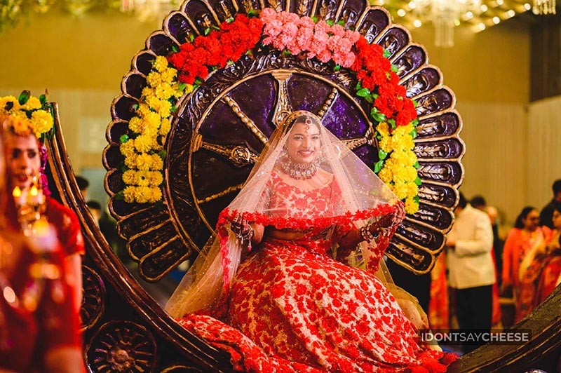 Close-up of bride wearing a floral garland
