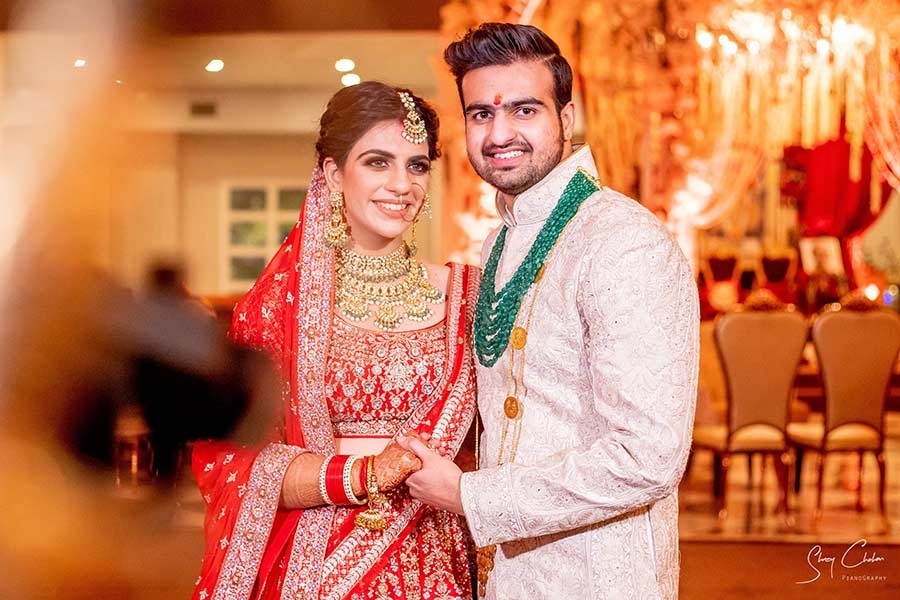 Bride and groom posing together in traditional wedding attire