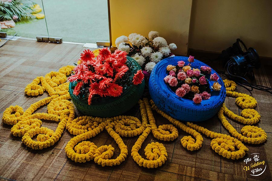 Colorful floral arrangement and decor detail at Sanya and Anish's wedding celebration