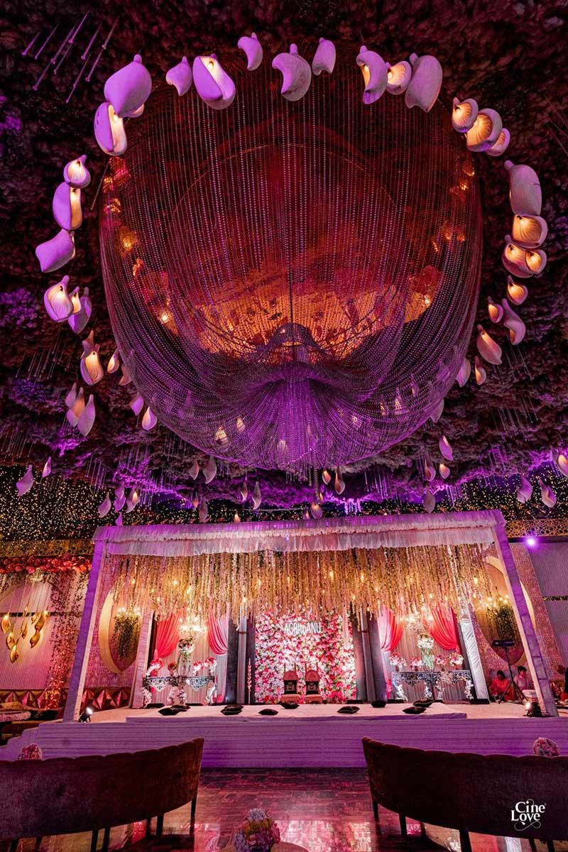 Wide view of the decorated venue with confetti falling