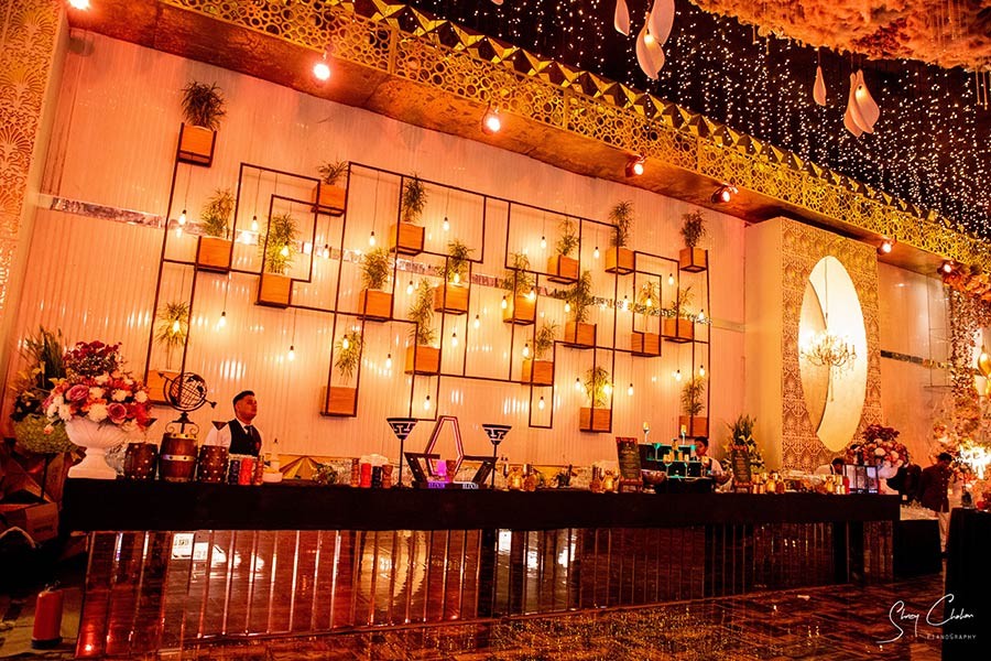 Warm string-light decor at Vrinda and Mohit's wedding celebration