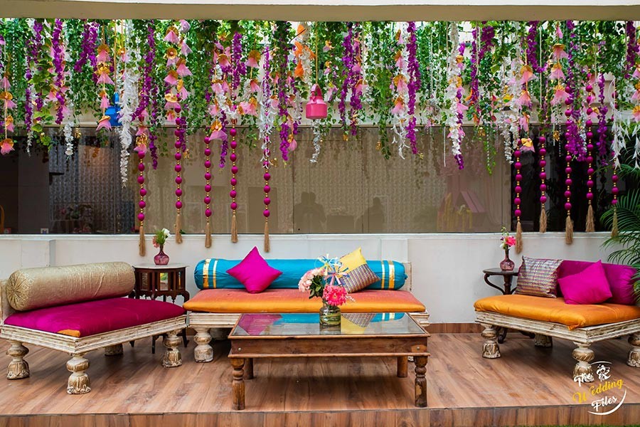 Elegantly decorated ceremony setup with hanging florals at Sanya and Anish's wedding