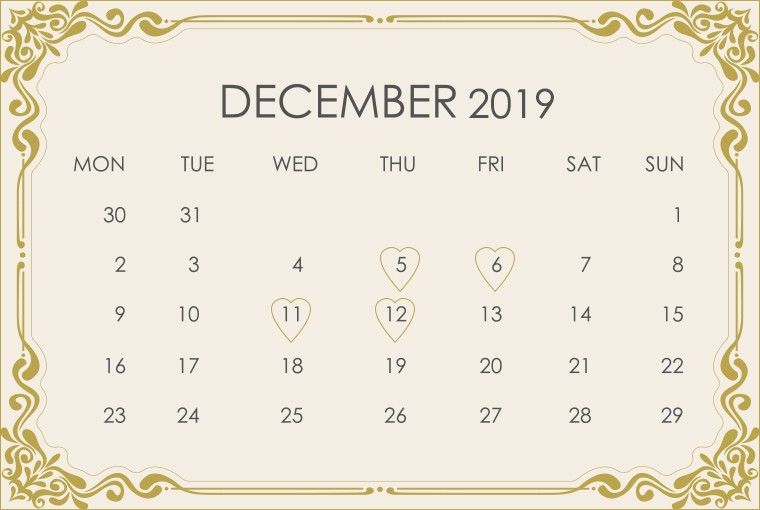 December 2019 Wedding Calendar