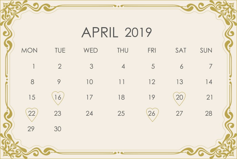 April 2019 Wedding Calendar