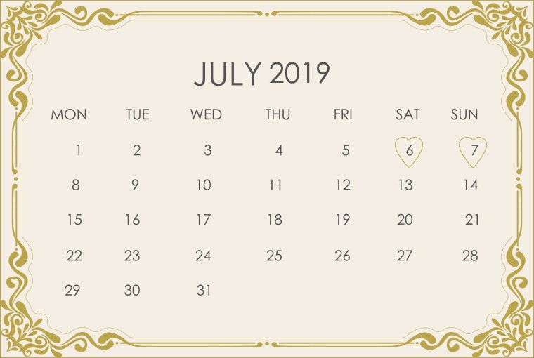 July 2019 Wedding Calendar