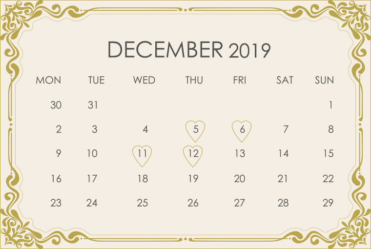 December 2019 Wedding Calendar 