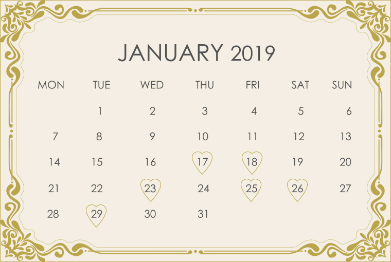 January 2019 Wedding Calendar 