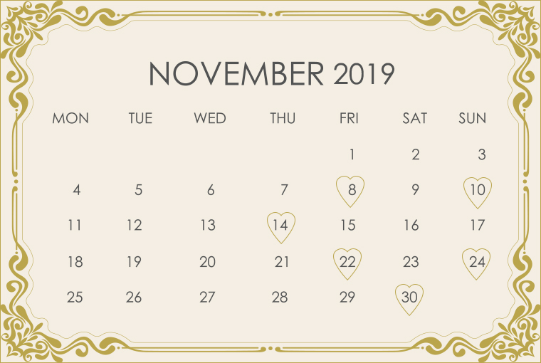 November 2019 Wedding Calendar 