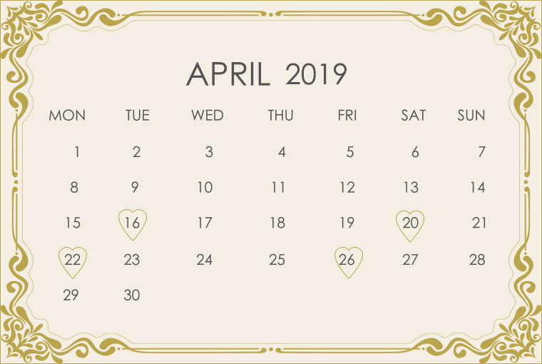 April 2019 Wedding Calendar 