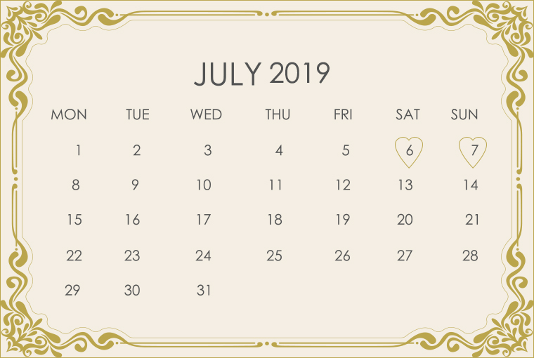 July 2019 Wedding Calendar 