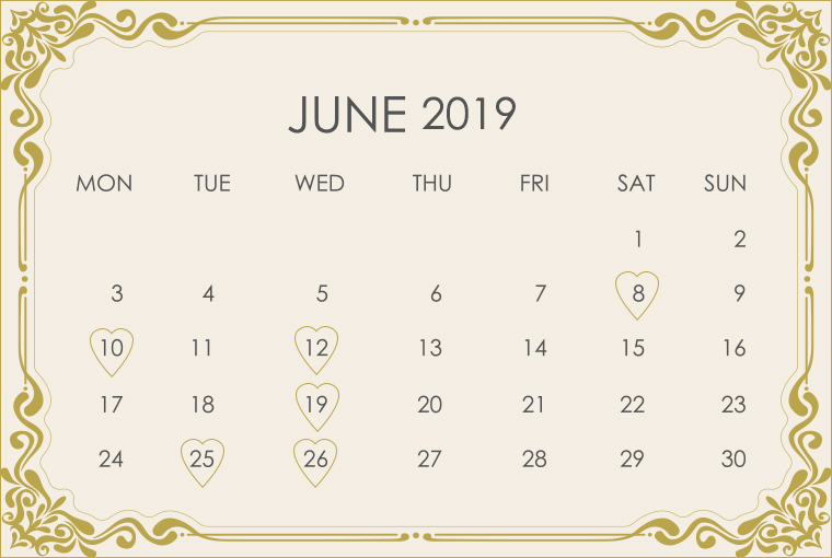 June 2019 Wedding Calendar 