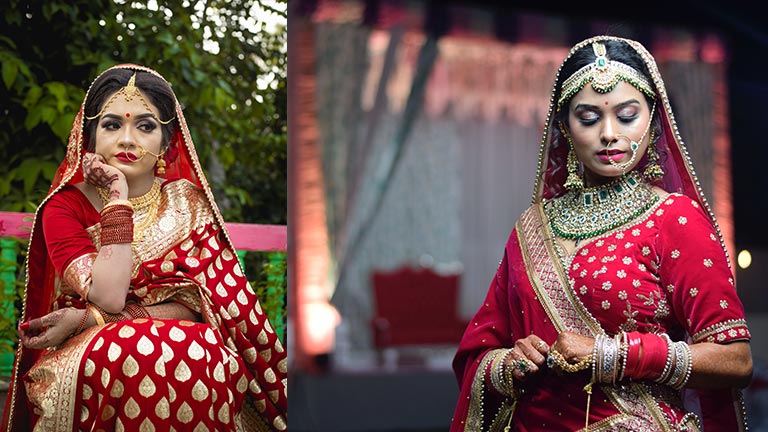 A traditional red and gold sari